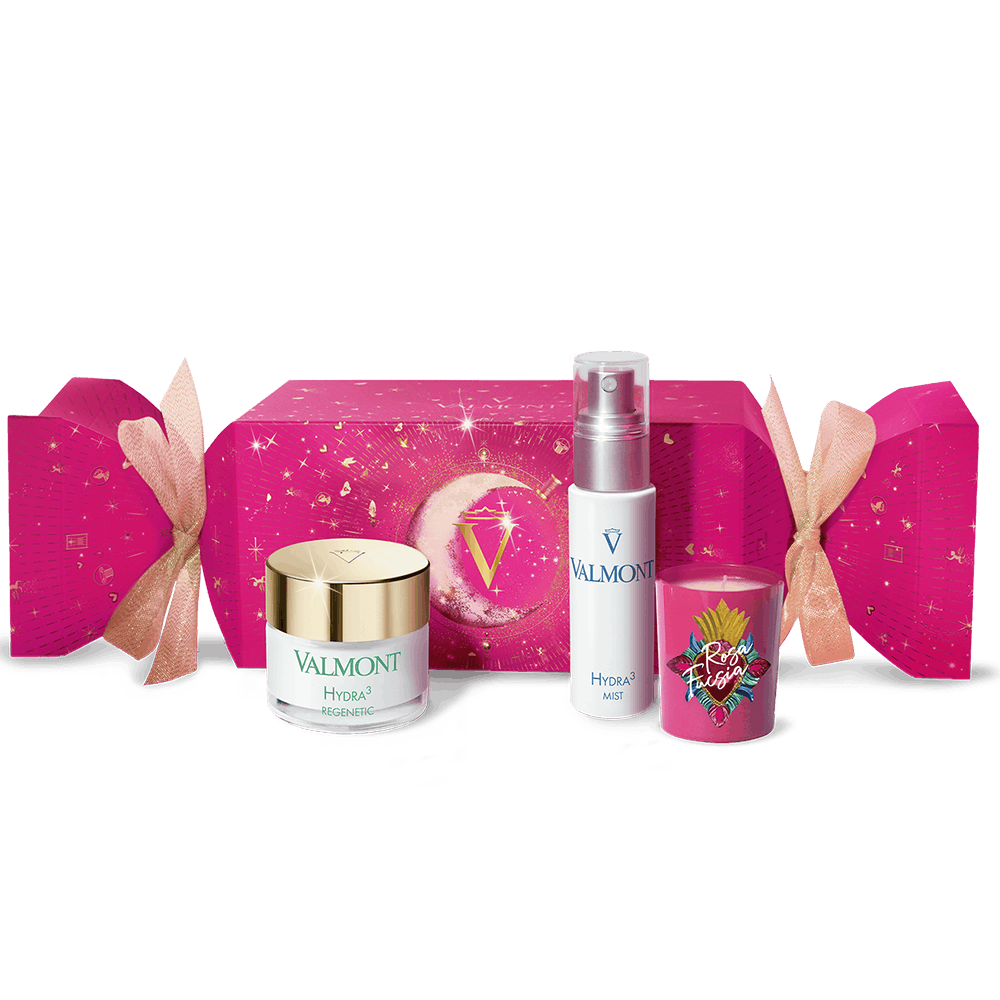 Valmont Fuchsia Odyssey Hydration Cracker mit Hydra3 Mist, Hydra3 Regenetic Cream und Duftkerze