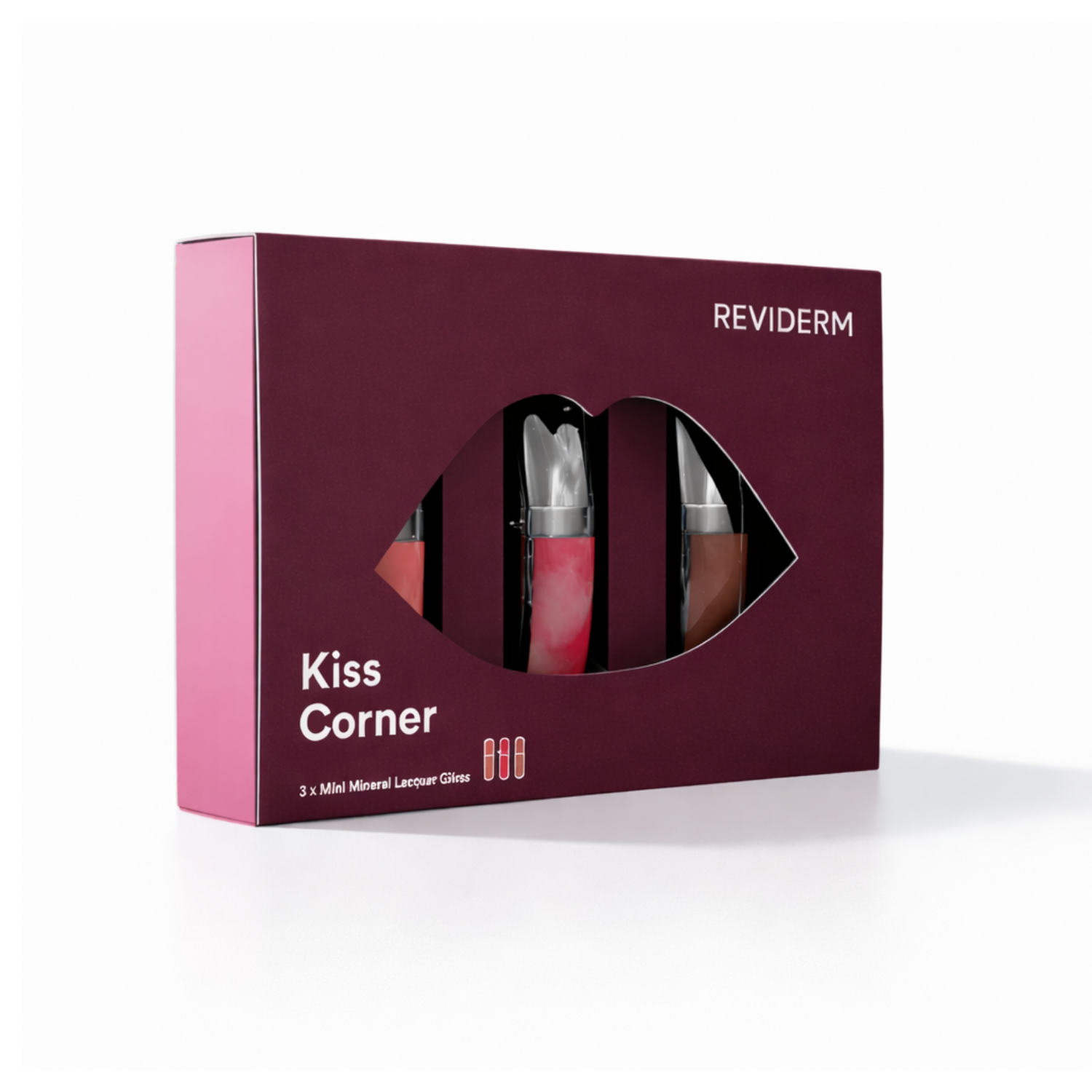 REVIDERM Kiss Corner Lipgloss Set mit drei Mineral Lacquer Gloss Nuancen in warmen Nude-Tönen.