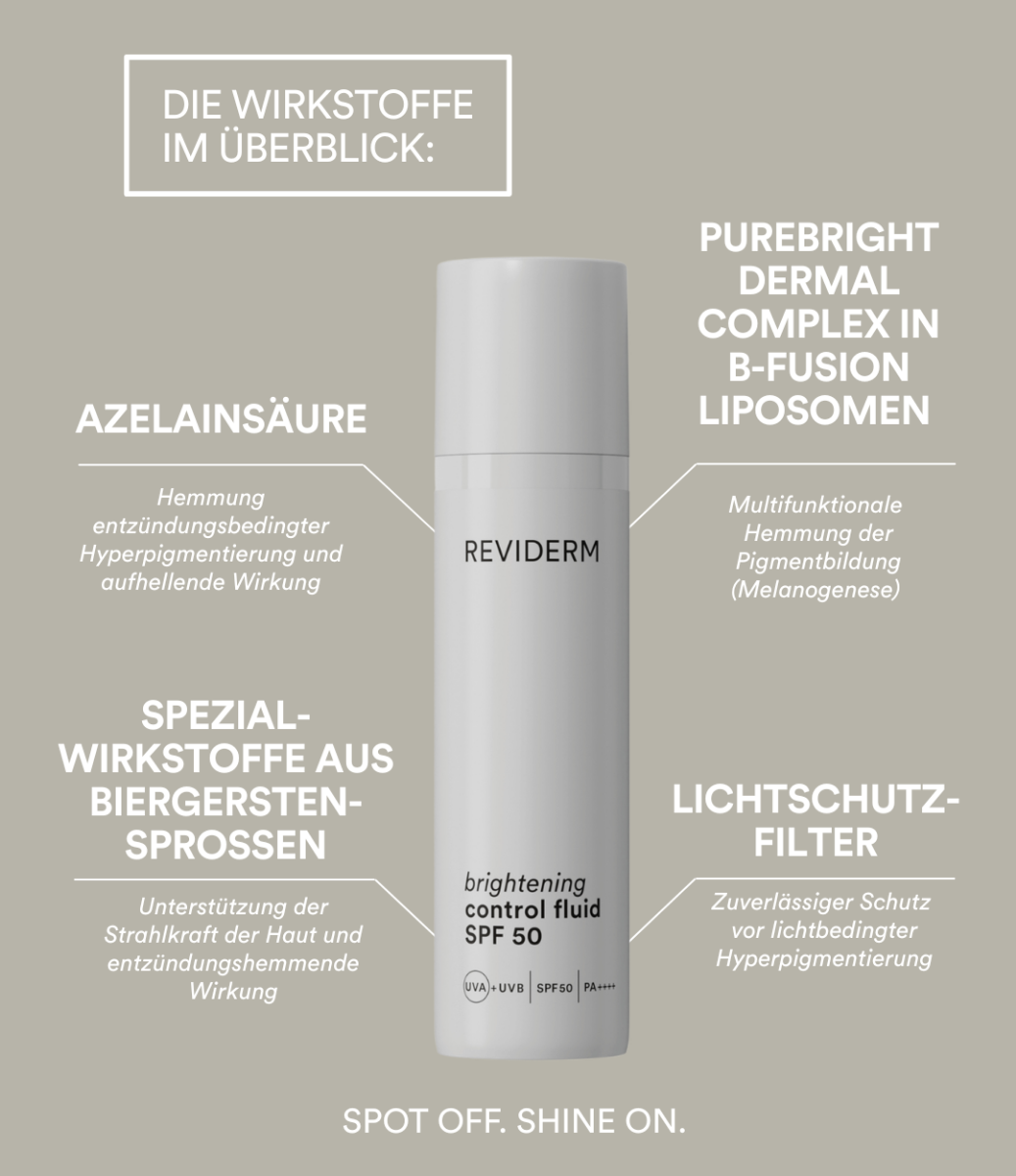 Überblick der Wirkstoffe des REVIDERM Brightening Control Fluid SPF 50. Leichtes aufhellendes Fluid gegen Pigmentflecken.